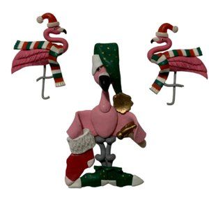 Christmas Flamingo Pin Brooch and Earring Set